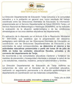 Oficial: El lunes 20 de julio se retoman las clases en Tarija